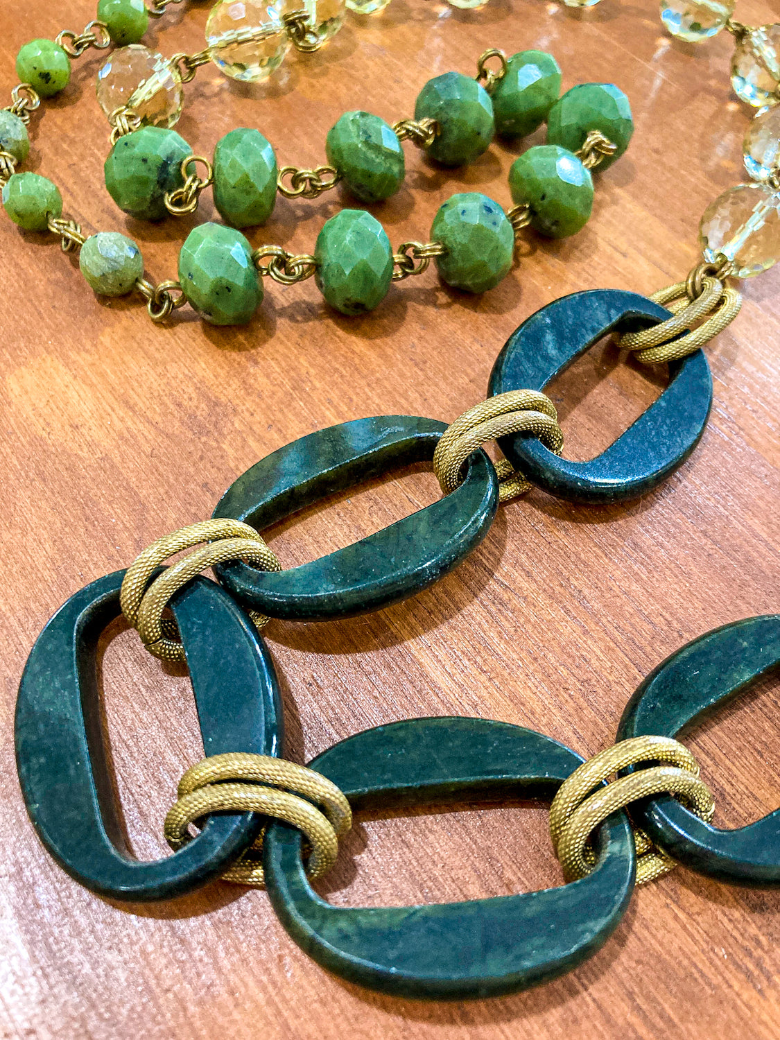 Unsigned Stephen Dweck Bronze Green Quartz Nephrite Bead Long Necklace