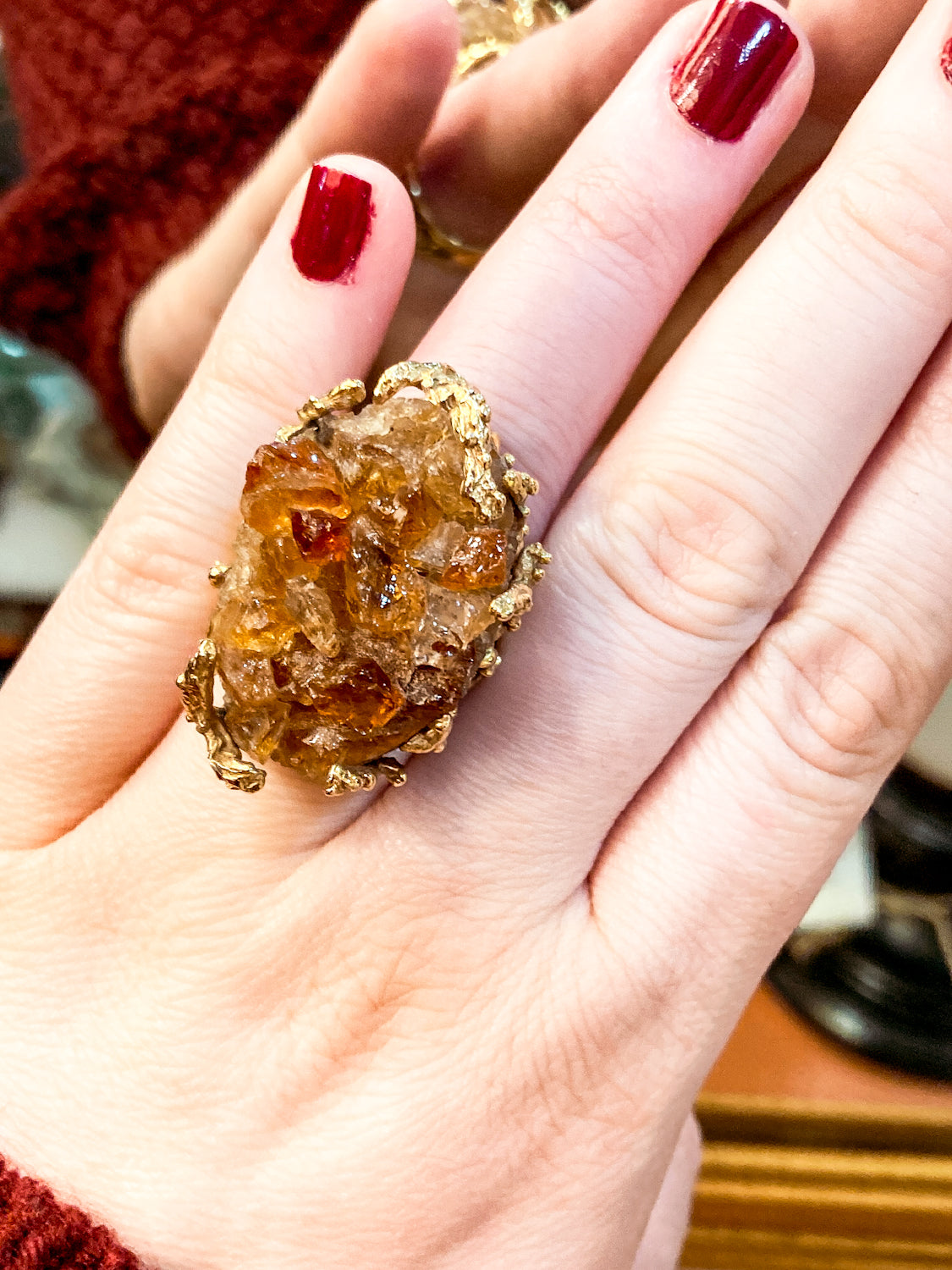 Vintage Artistic 14K Yellow Gold Brutalist Druzy Citrine Cocktail Ring