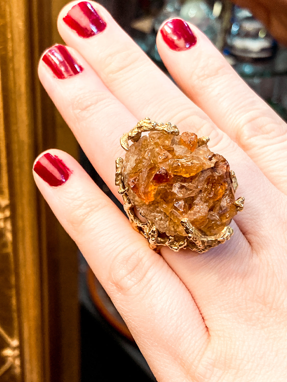 Vintage Artistic 14K Yellow Gold Brutalist Druzy Citrine Cocktail Ring