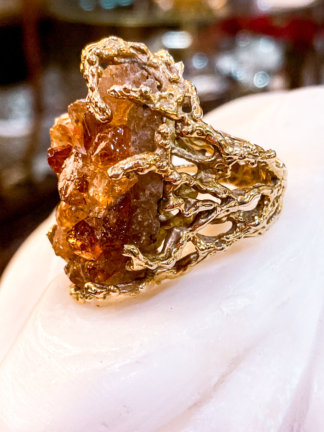 Vintage Artistic 14K Yellow Gold Brutalist Druzy Citrine Cocktail Ring