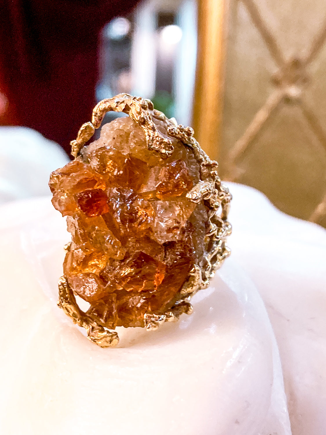Vintage Artistic 14K Yellow Gold Brutalist Druzy Citrine Cocktail Ring