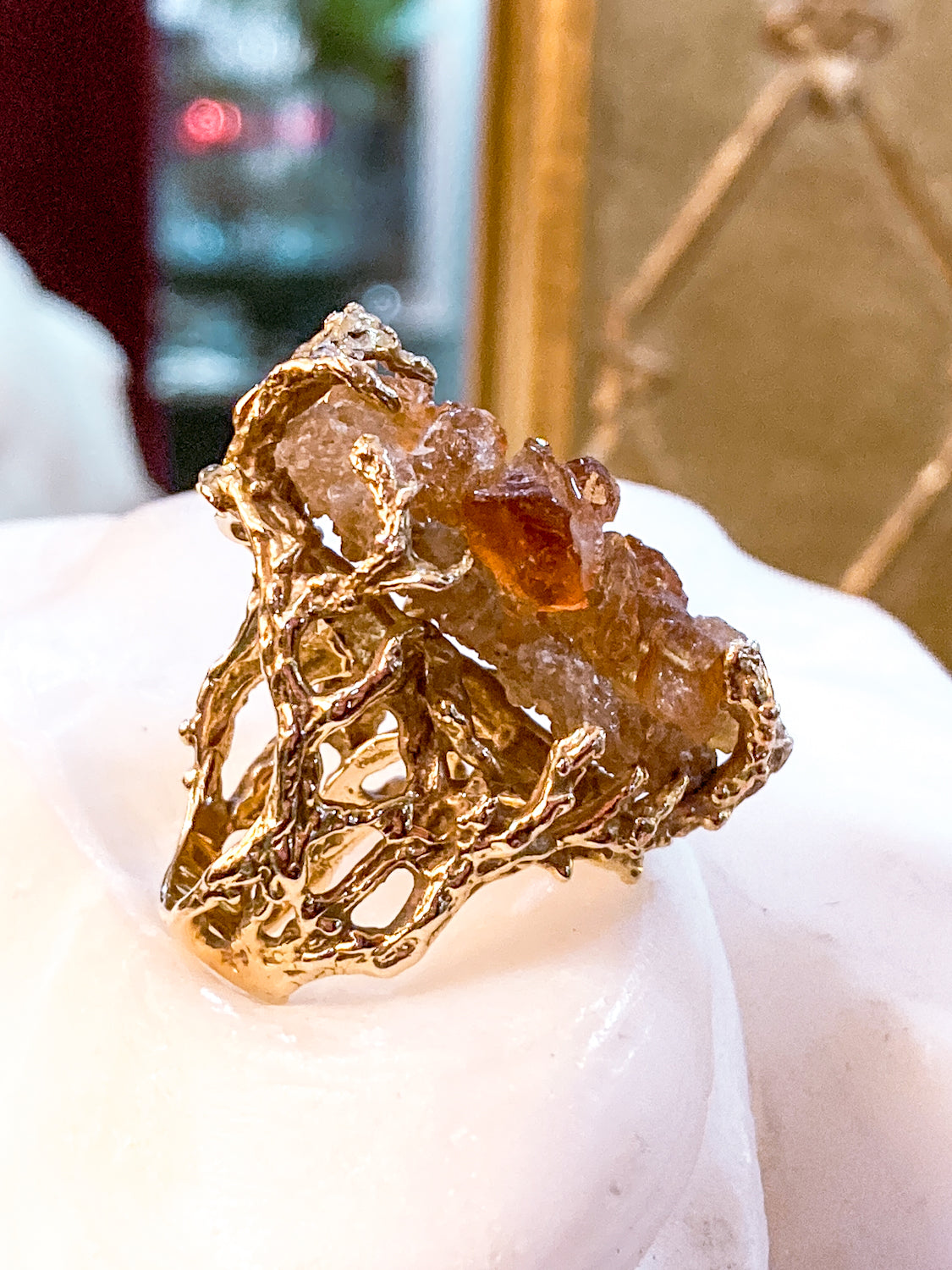 Vintage Artistic 14K Yellow Gold Brutalist Druzy Citrine Cocktail Ring