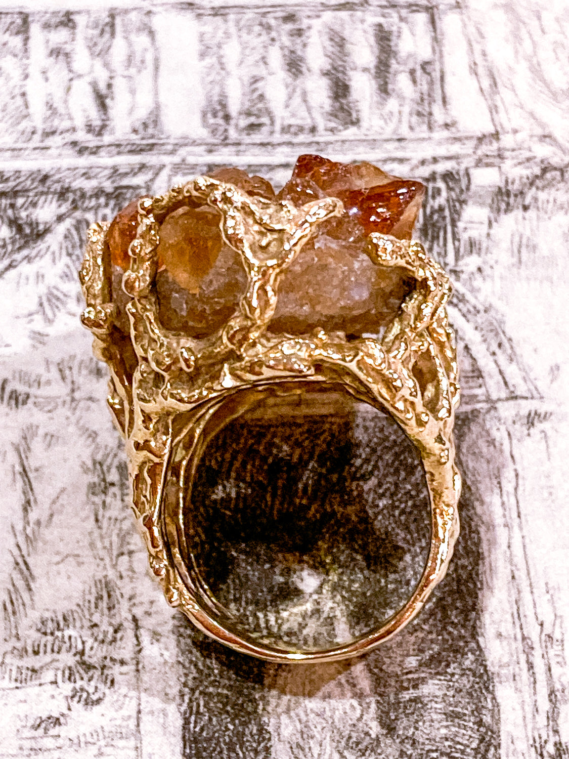 Vintage Artistic 14K Yellow Gold Brutalist Druzy Citrine Cocktail Ring