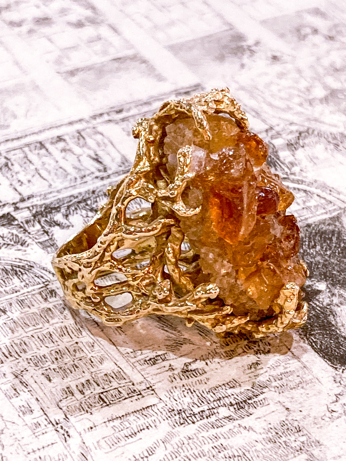 Vintage Artistic 14K Yellow Gold Brutalist Druzy Citrine Cocktail Ring