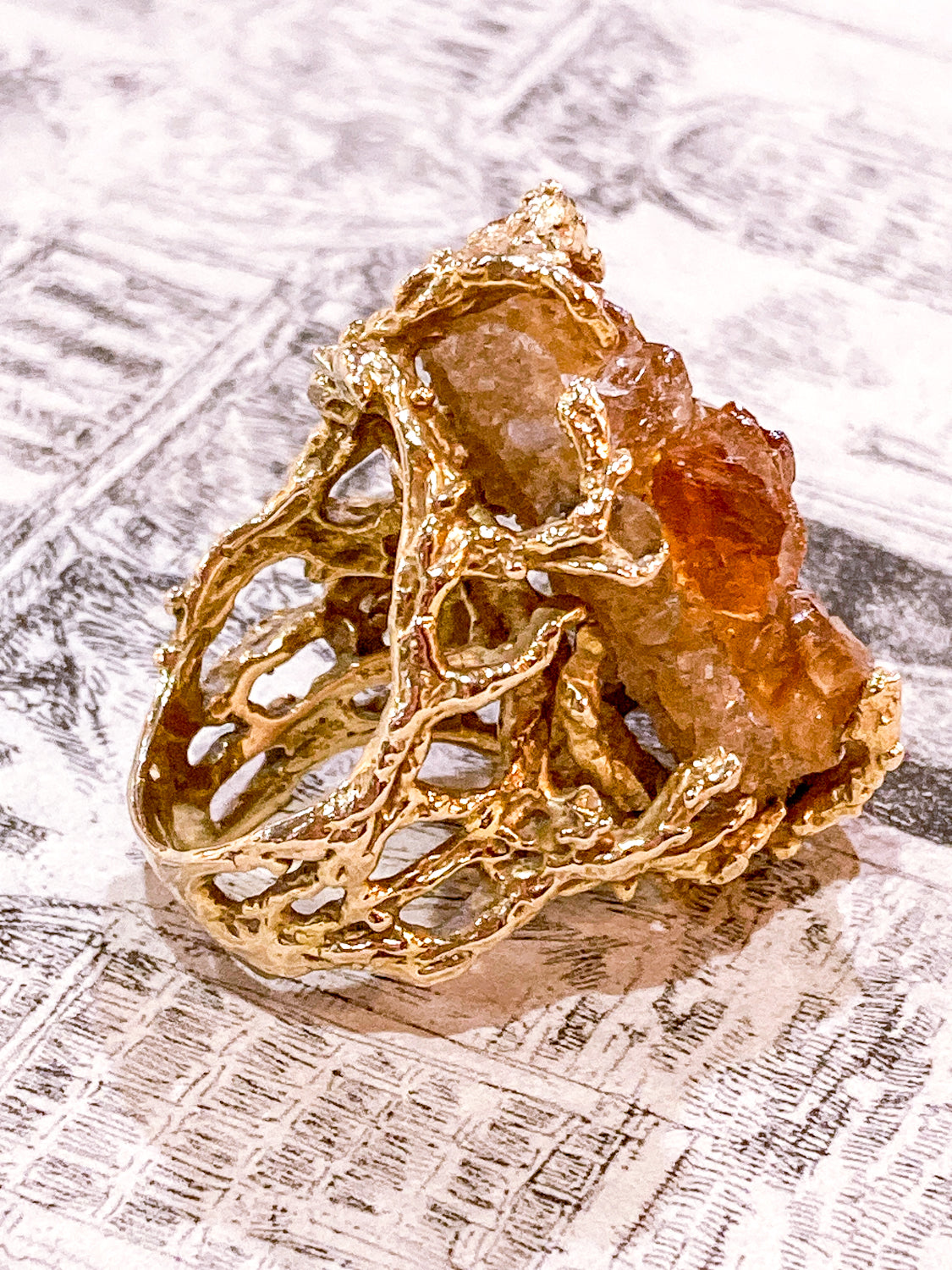 Vintage Artistic 14K Yellow Gold Brutalist Druzy Citrine Cocktail Ring