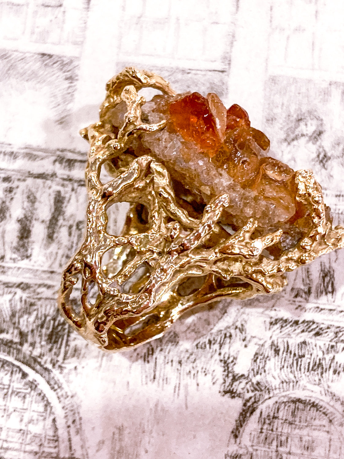 Vintage Artistic 14K Yellow Gold Brutalist Druzy Citrine Cocktail Ring