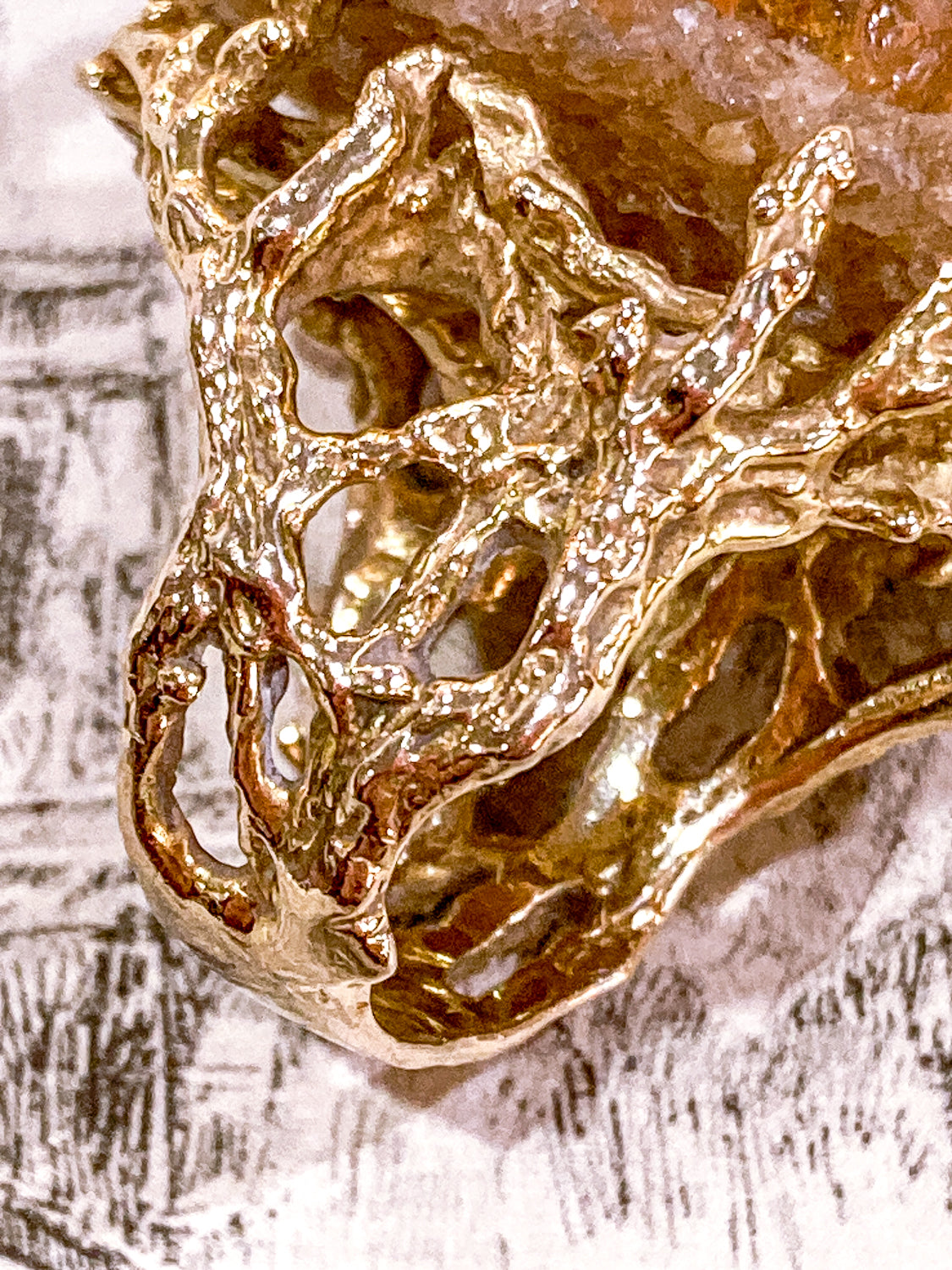 Vintage Artistic 14K Yellow Gold Brutalist Druzy Citrine Cocktail Ring