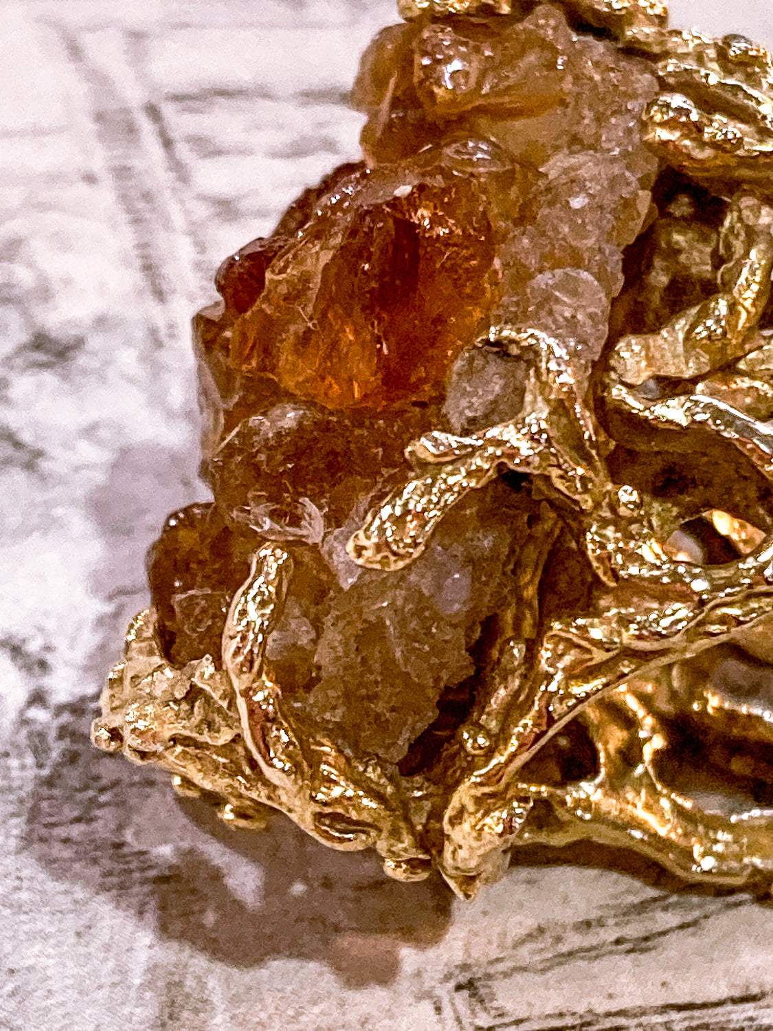 Vintage Artistic 14K Yellow Gold Brutalist Druzy Citrine Cocktail Ring