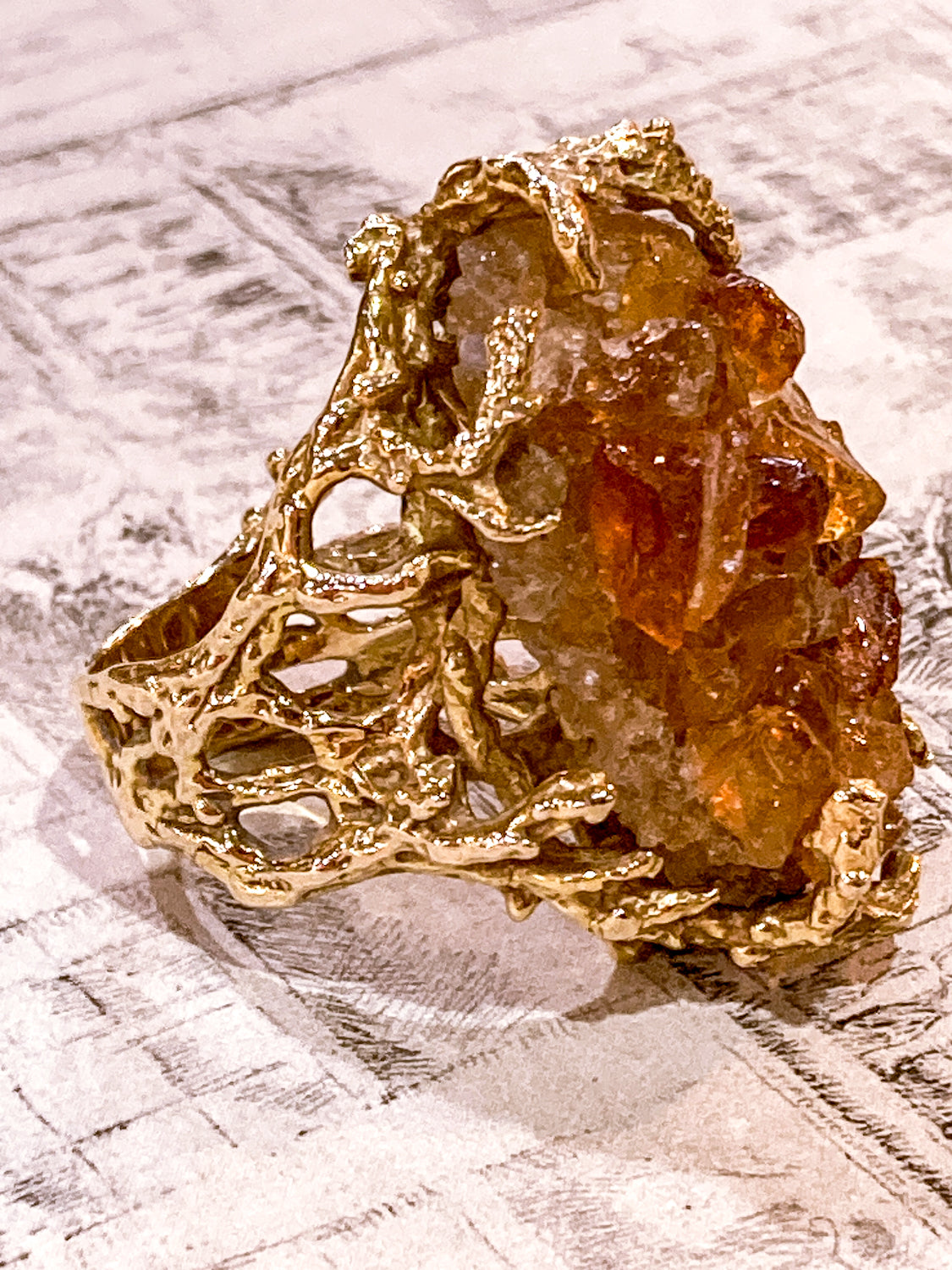 Vintage Artistic 14K Yellow Gold Brutalist Druzy Citrine Cocktail Ring