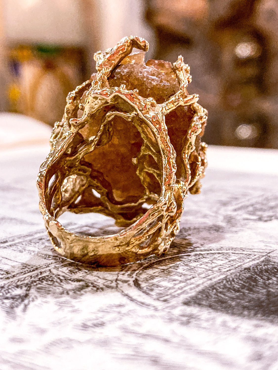 Vintage Artistic 14K Yellow Gold Brutalist Druzy Citrine Cocktail Ring