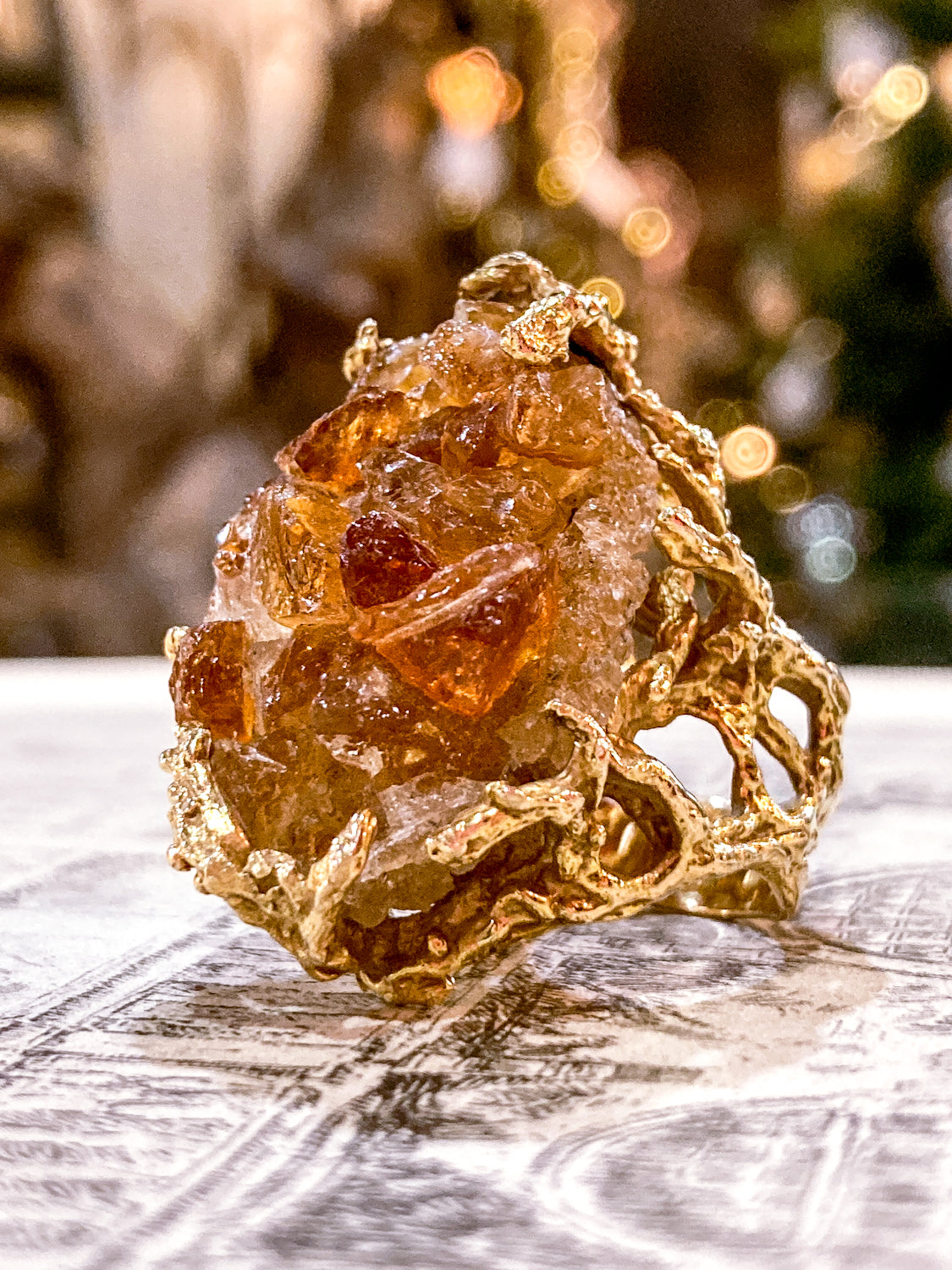 Vintage Artistic 14K Yellow Gold Brutalist Druzy Citrine Cocktail Ring