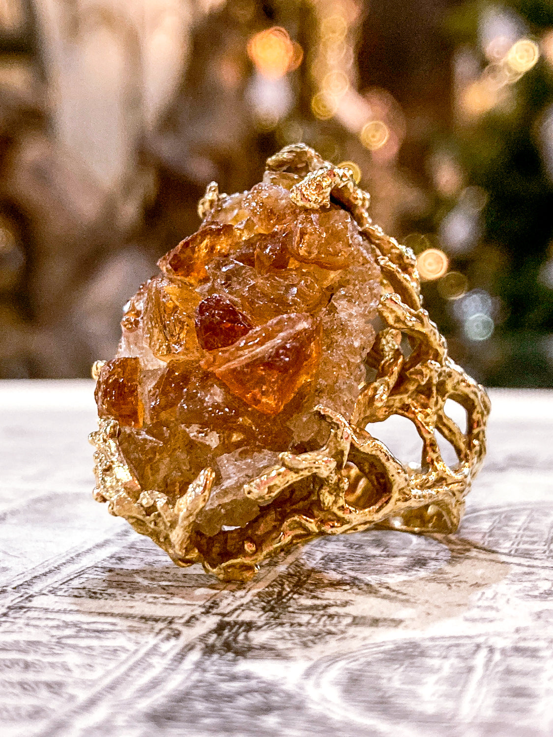Vintage Artistic 14K Yellow Gold Brutalist Druzy Citrine Cocktail Ring
