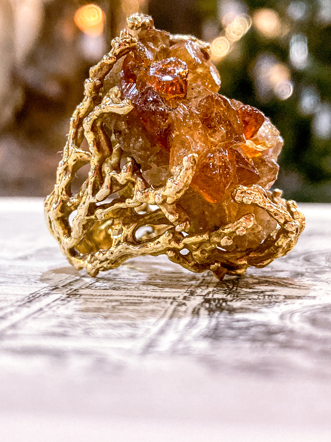Vintage Artistic 14K Yellow Gold Brutalist Druzy Citrine Cocktail Ring