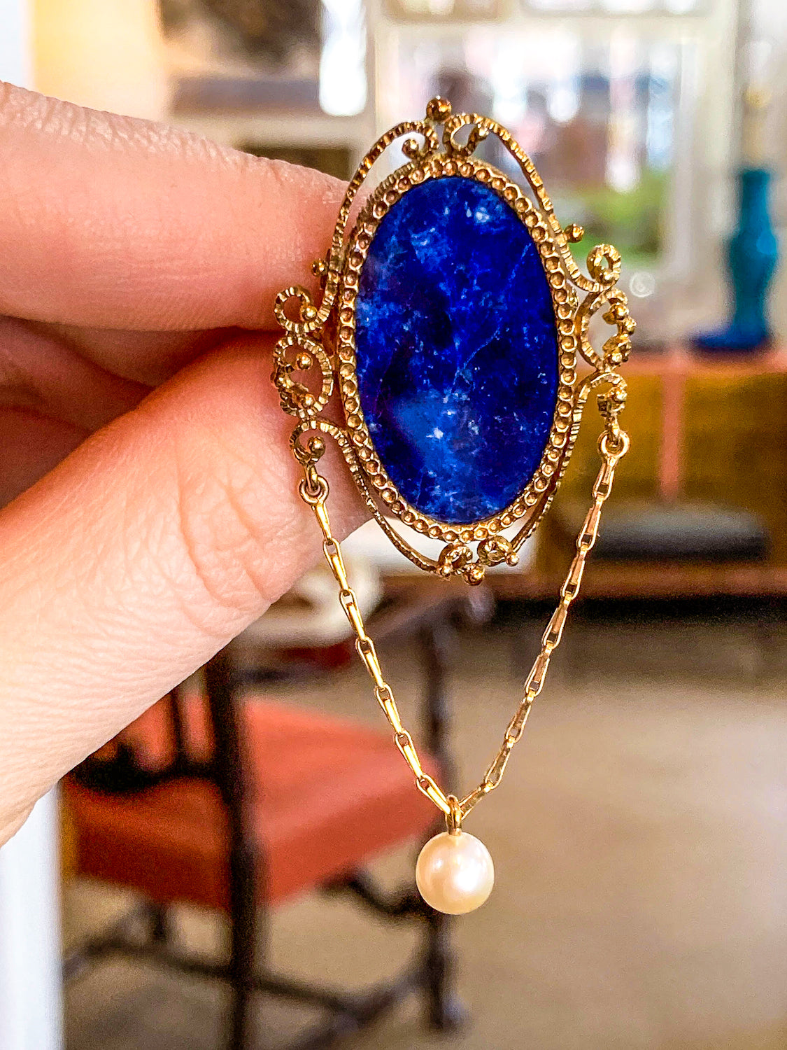 Vintage 14K Yellow Gold Filigree Oval Lapis Lazuli Pearl Dangle Brooch Pin