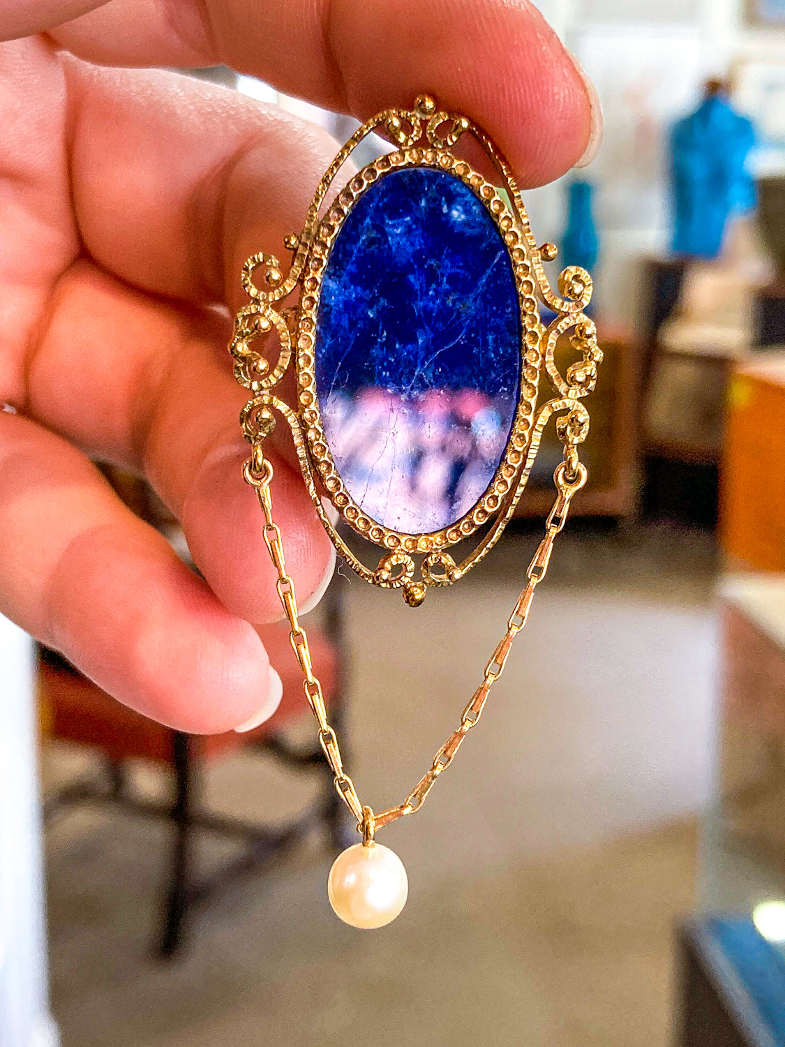 Vintage 14K Yellow Gold Filigree Oval Lapis Lazuli Pearl Dangle Brooch Pin