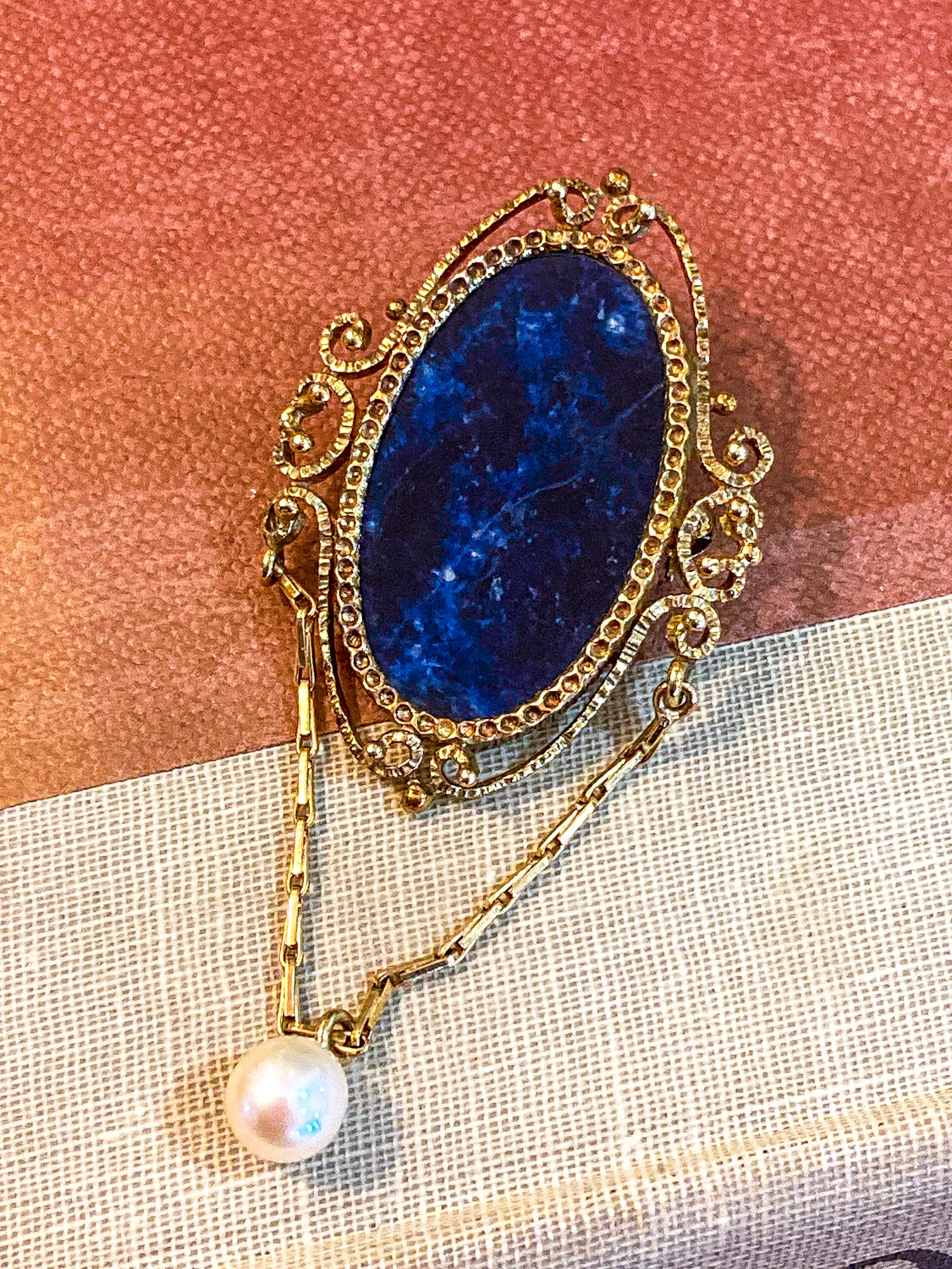 Vintage 14K Yellow Gold Filigree Oval Lapis Lazuli Pearl Dangle Brooch Pin
