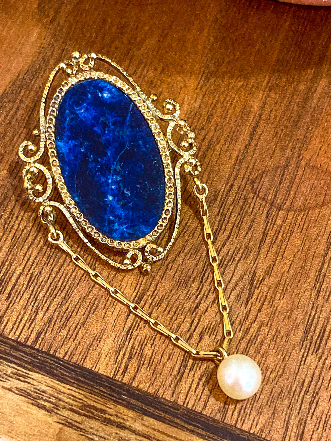 Vintage 14K Yellow Gold Filigree Oval Lapis Lazuli Pearl Dangle Brooch Pin