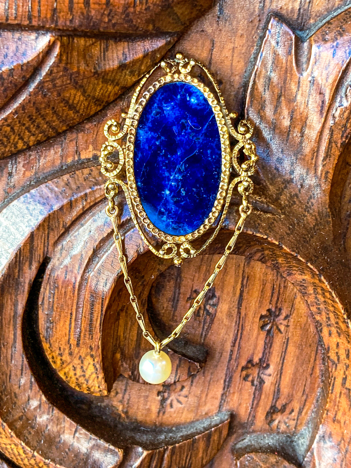 Vintage 14K Yellow Gold Filigree Oval Lapis Lazuli Pearl Dangle Brooch Pin
