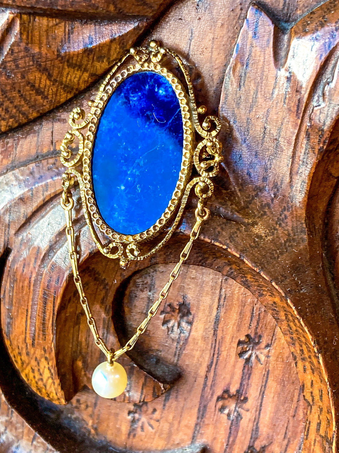 Vintage 14K Yellow Gold Filigree Oval Lapis Lazuli Pearl Dangle Brooch Pin