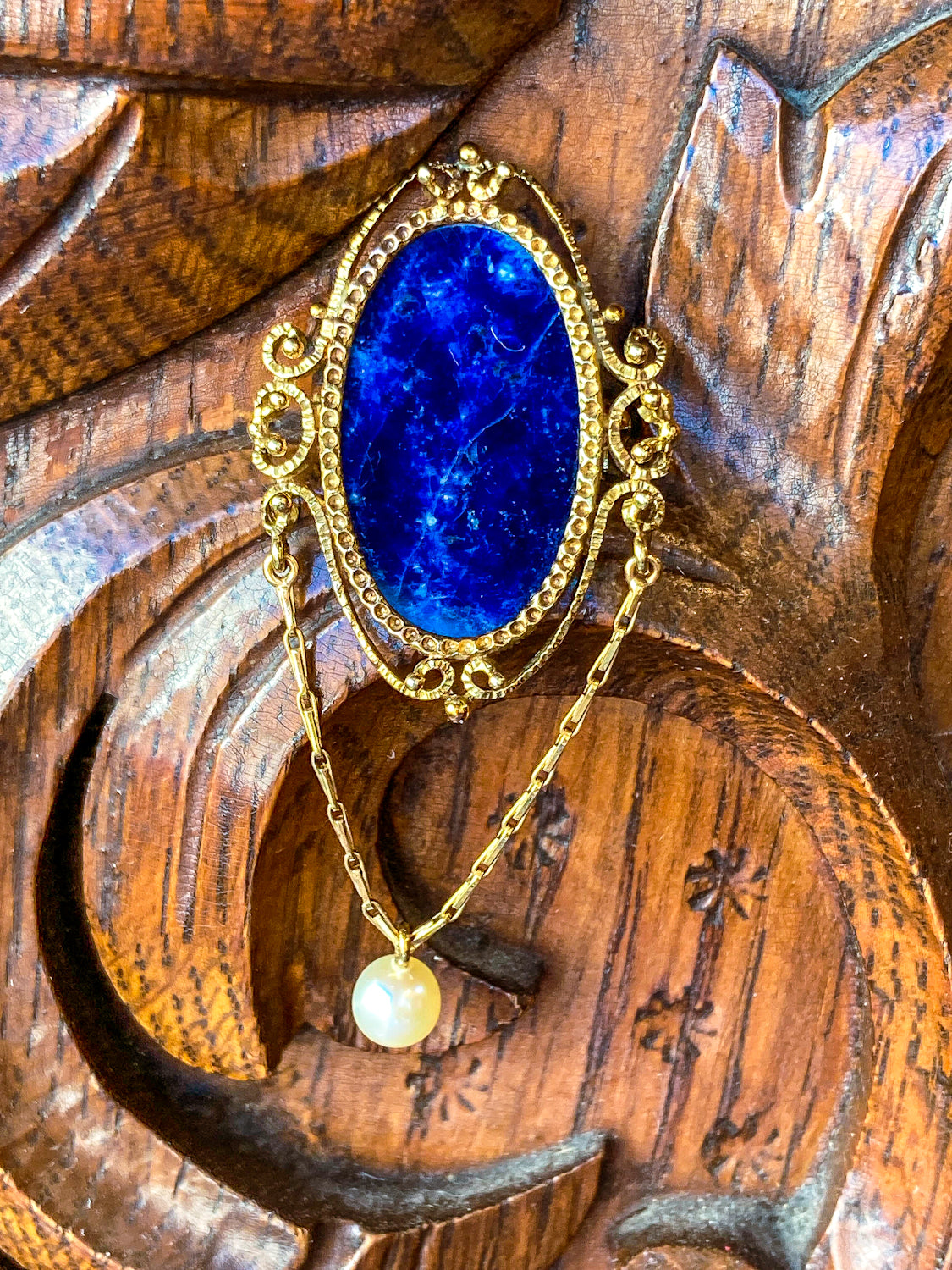 Vintage 14K Yellow Gold Filigree Oval Lapis Lazuli Pearl Dangle Brooch Pin
