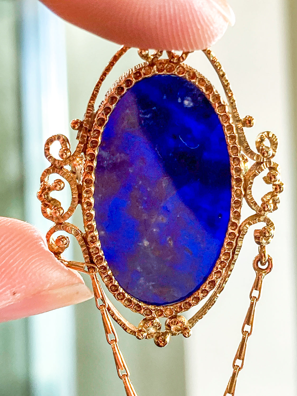 Vintage 14K Yellow Gold Filigree Oval Lapis Lazuli Pearl Dangle Brooch Pin