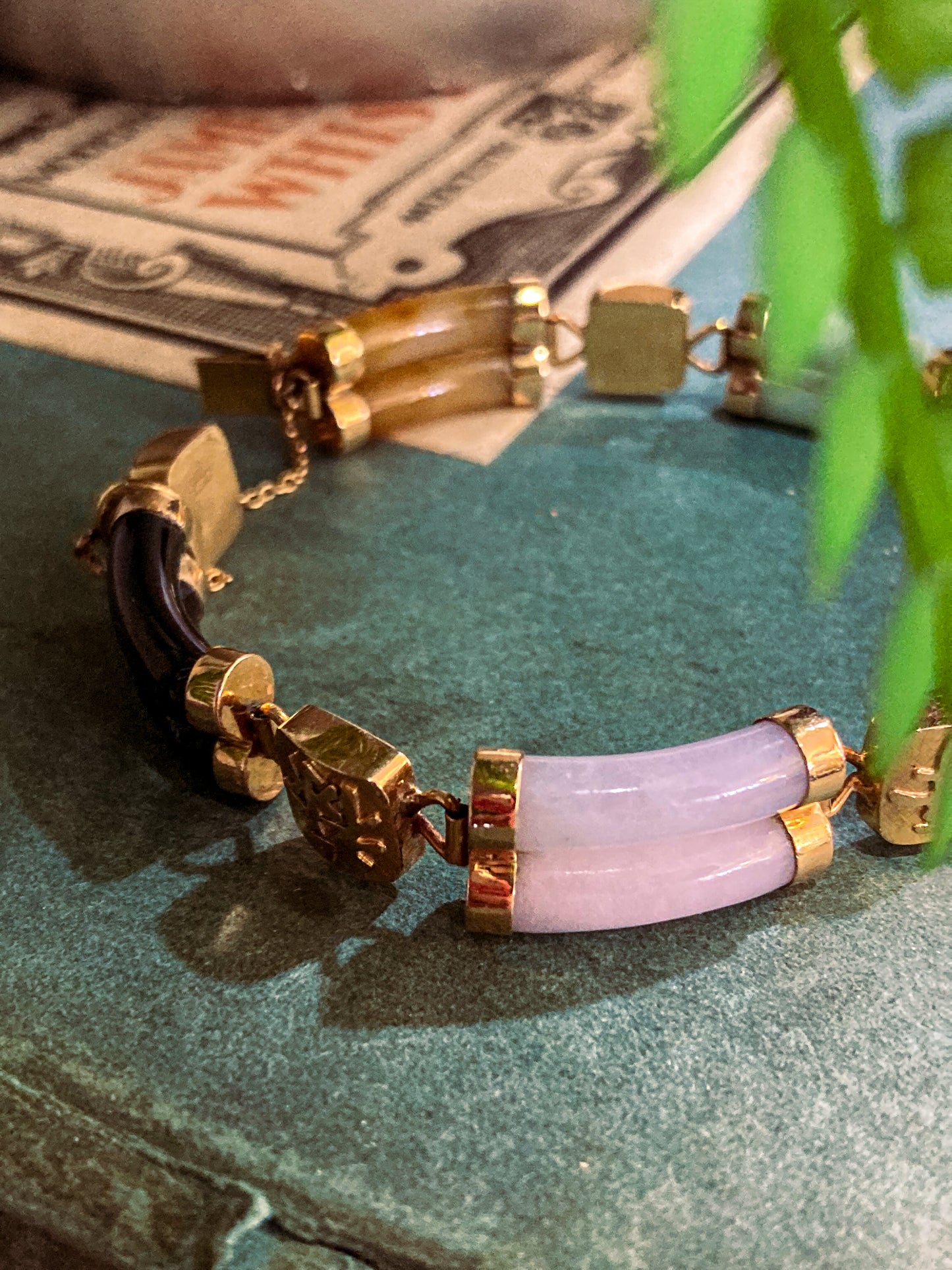 Vintage 14K Yellow Gold Bamboo Nephrite Jade Double Banded Chinese Bracelet