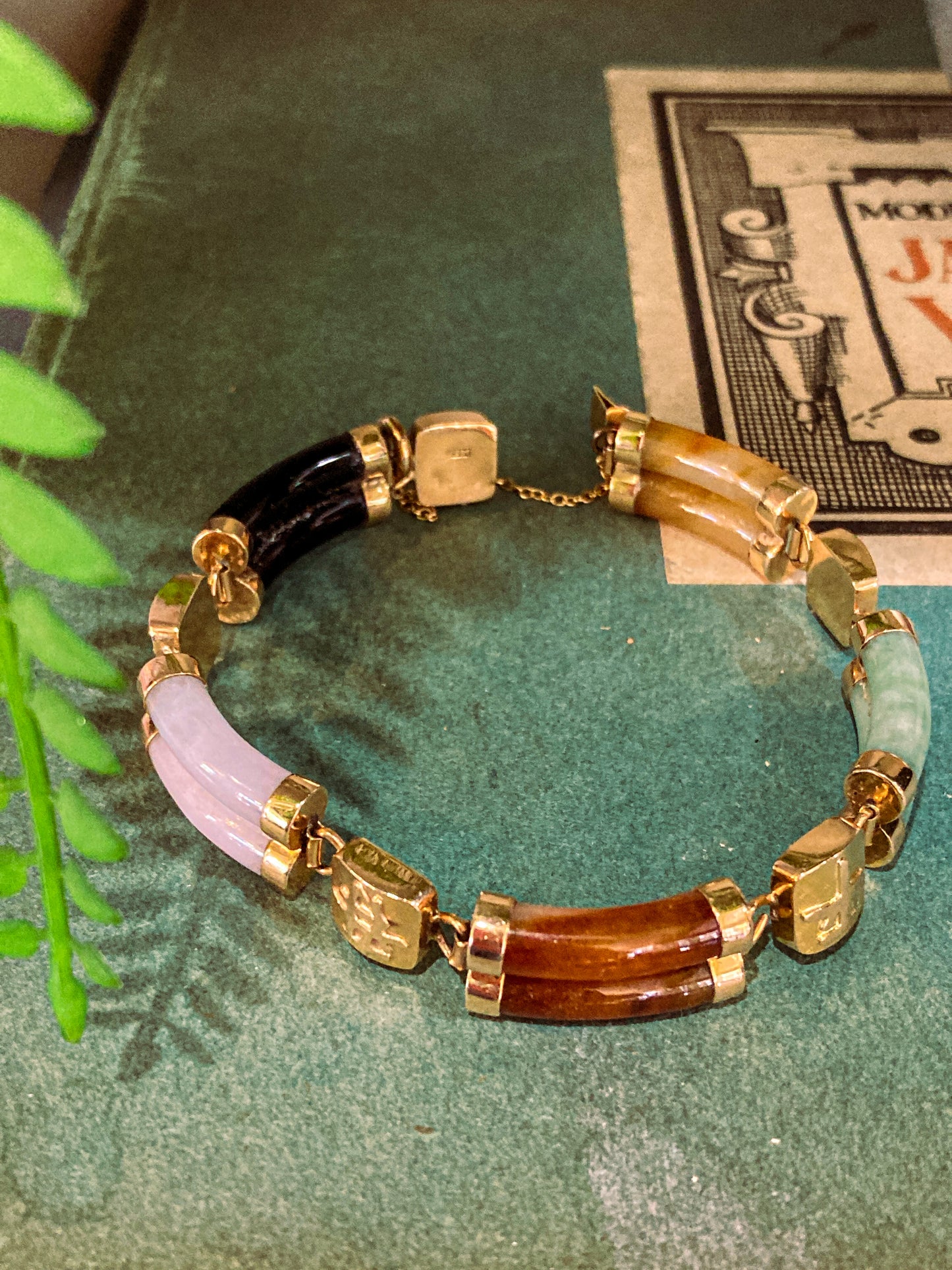 Vintage 14K Yellow Gold Bamboo Nephrite Jade Double Banded Chinese Bracelet