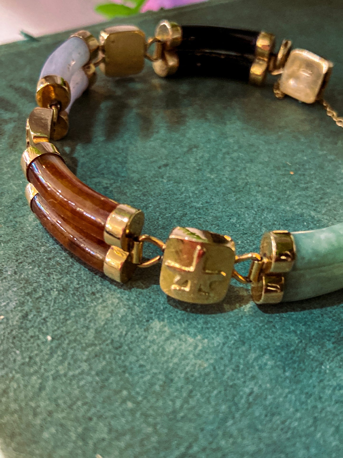 Vintage 14K Yellow Gold Bamboo Nephrite Jade Double Banded Chinese Bracelet