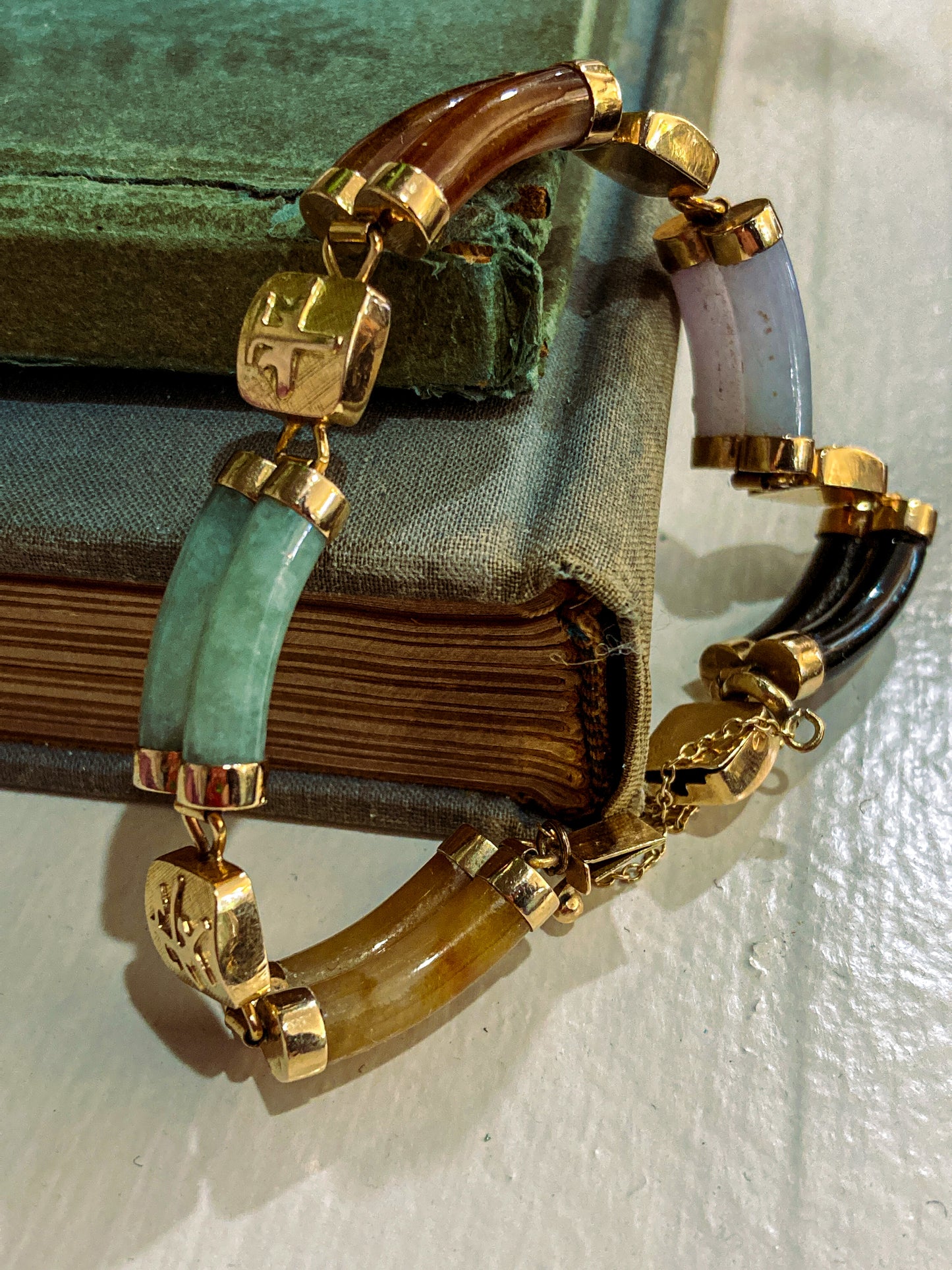 Vintage 14K Yellow Gold Bamboo Nephrite Jade Double Banded Chinese Bracelet
