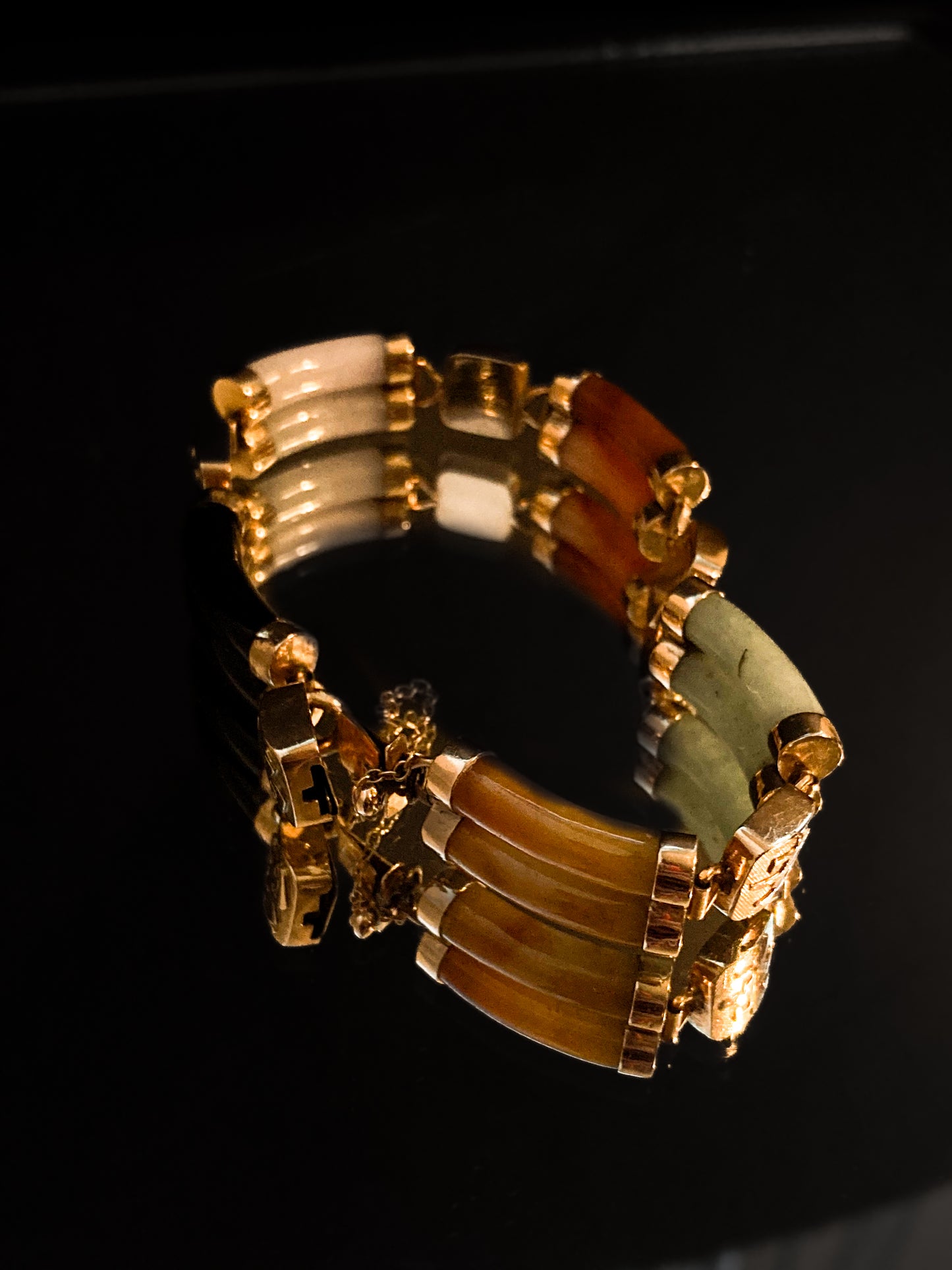 Vintage 14K Yellow Gold Bamboo Nephrite Jade Double Banded Chinese Bracelet