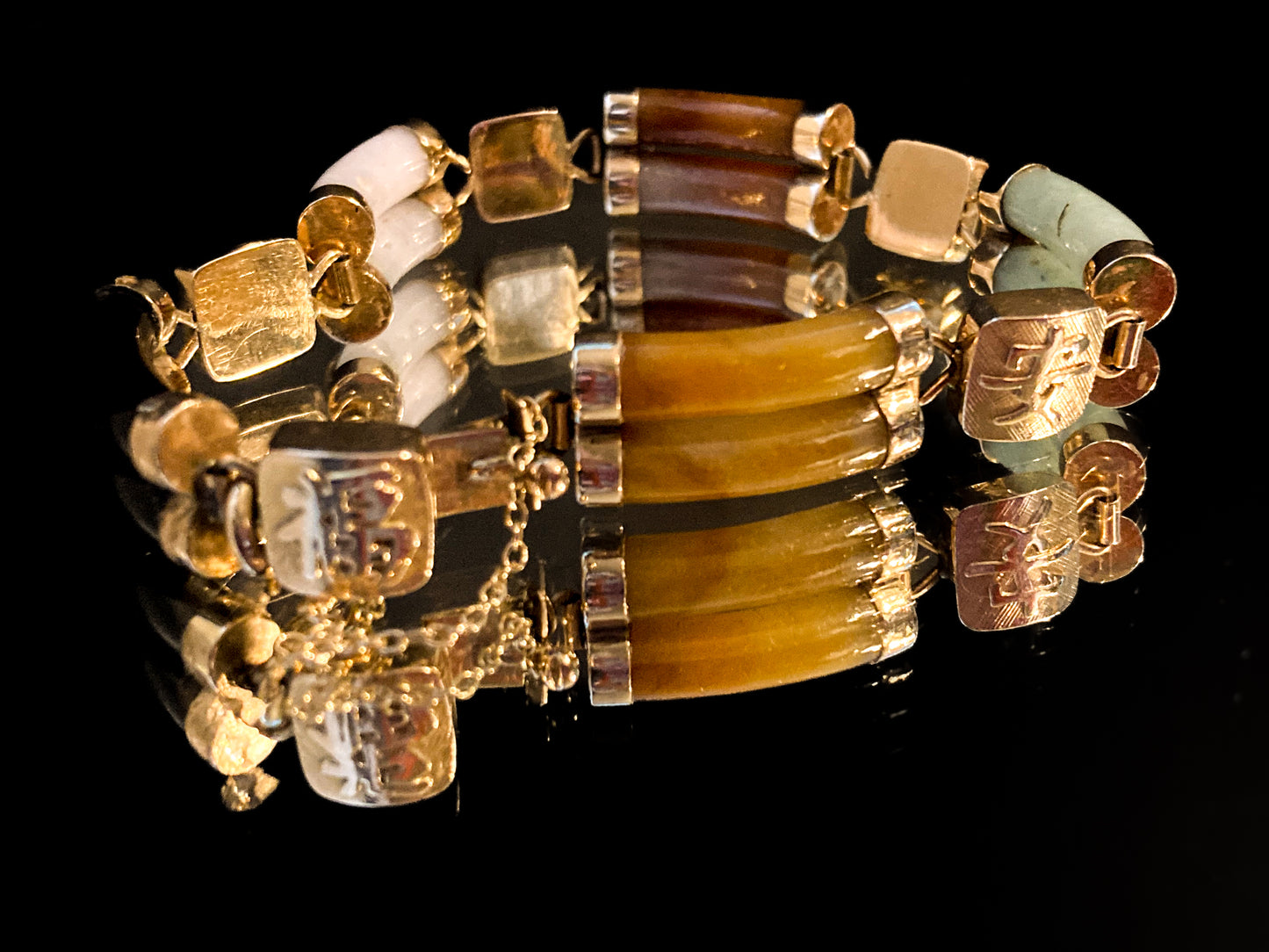 Vintage 14K Yellow Gold Bamboo Nephrite Jade Double Banded Chinese Bracelet