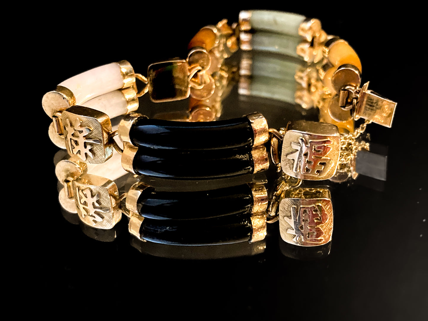Vintage 14K Yellow Gold Bamboo Nephrite Jade Double Banded Chinese Bracelet