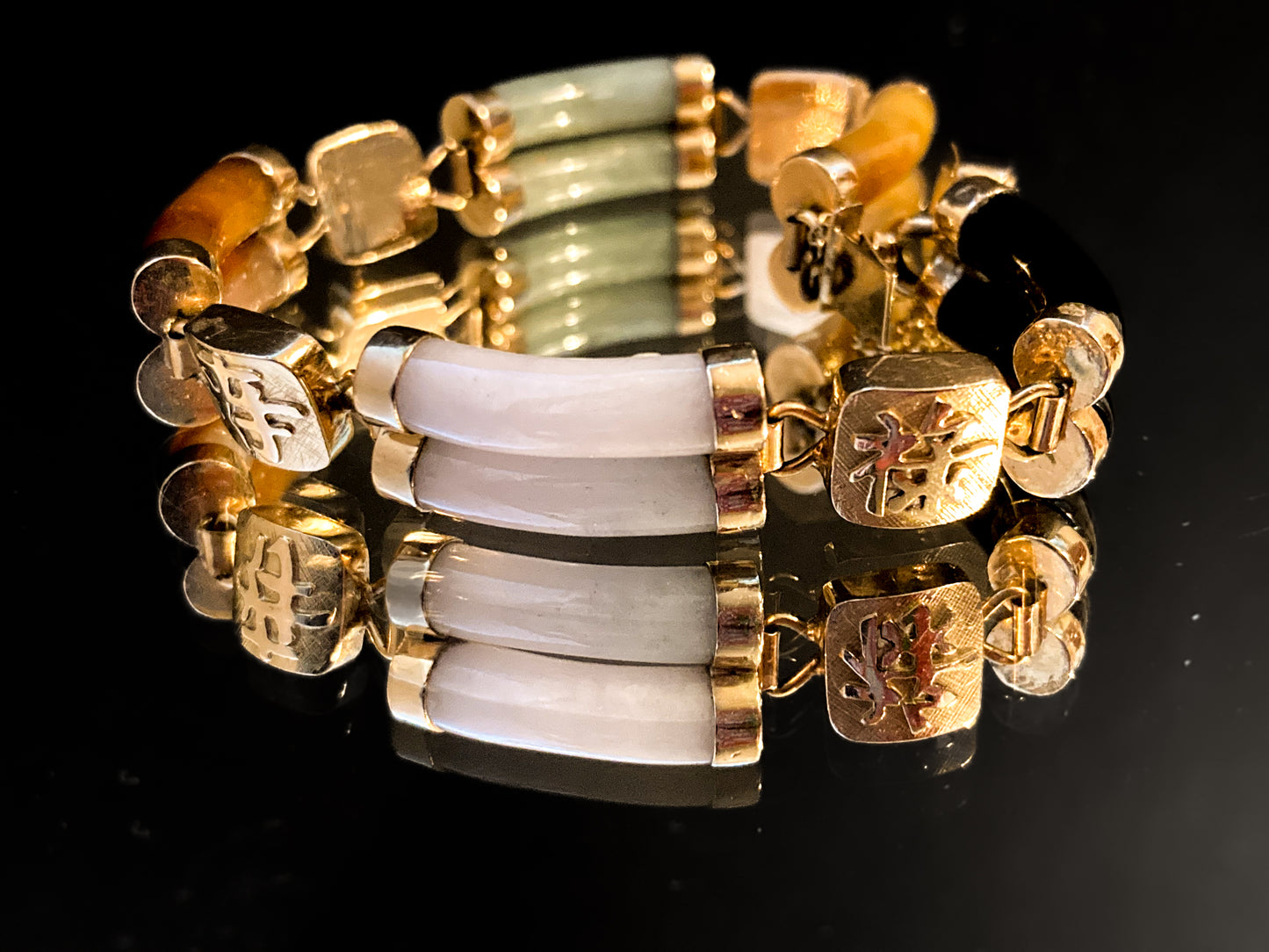 Vintage 14K Yellow Gold Bamboo Nephrite Jade Double Banded Chinese Bracelet