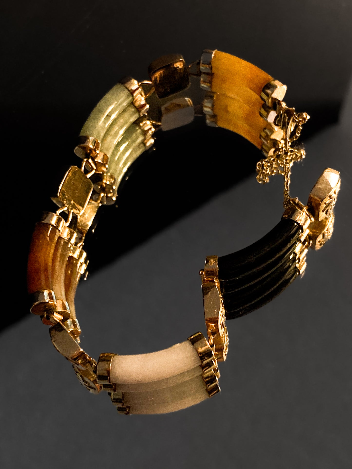 Vintage 14K Yellow Gold Bamboo Nephrite Jade Double Banded Chinese Bracelet