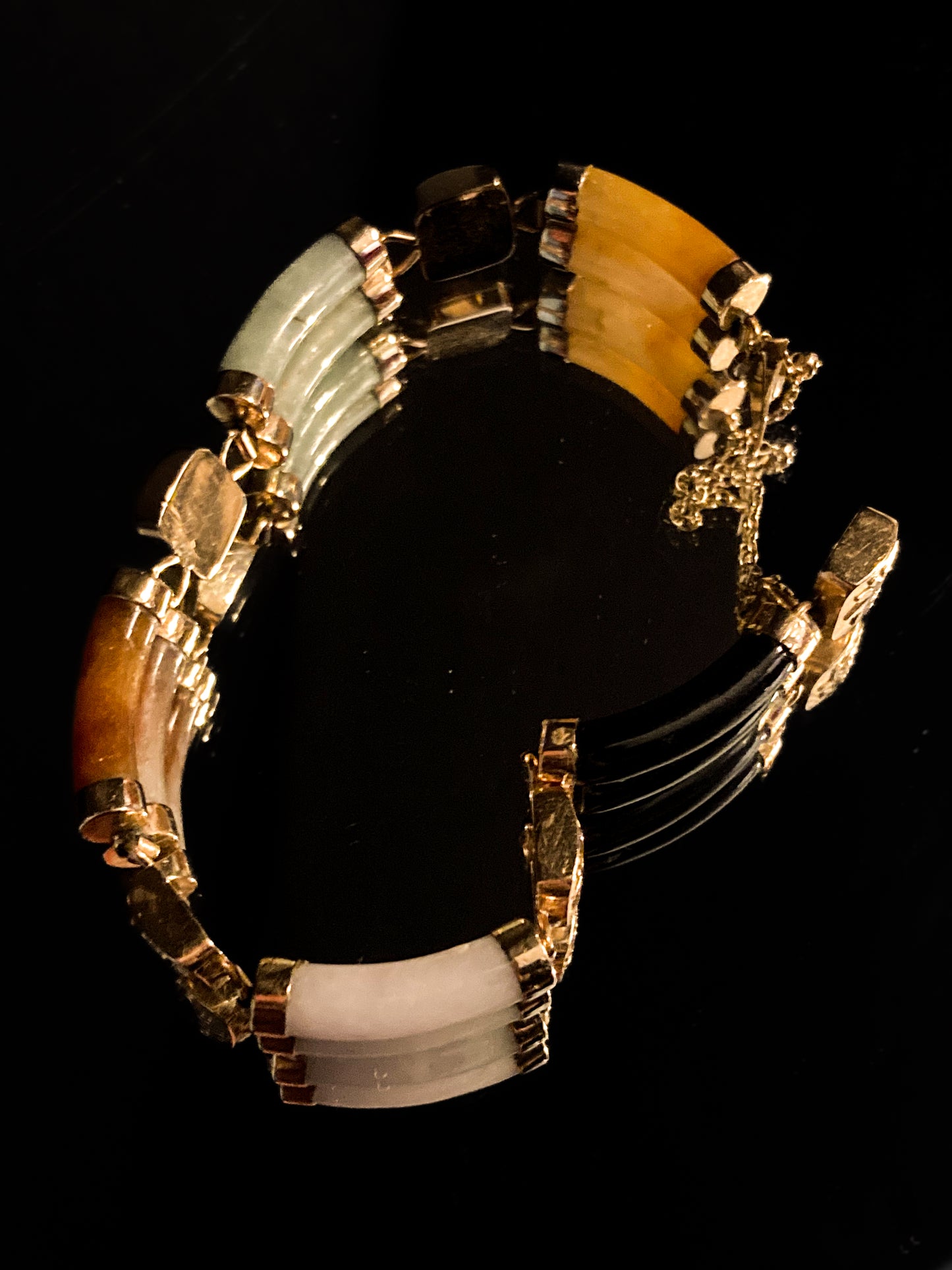 Vintage 14K Yellow Gold Bamboo Nephrite Jade Double Banded Chinese Bracelet