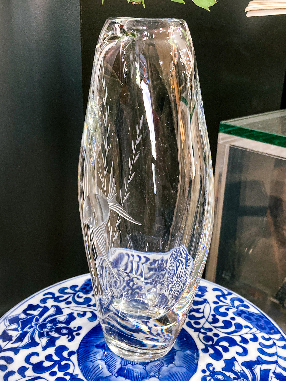 1950s Vintage Swedish Handblown Crystal Aquatic Angel Fish Etched Vase