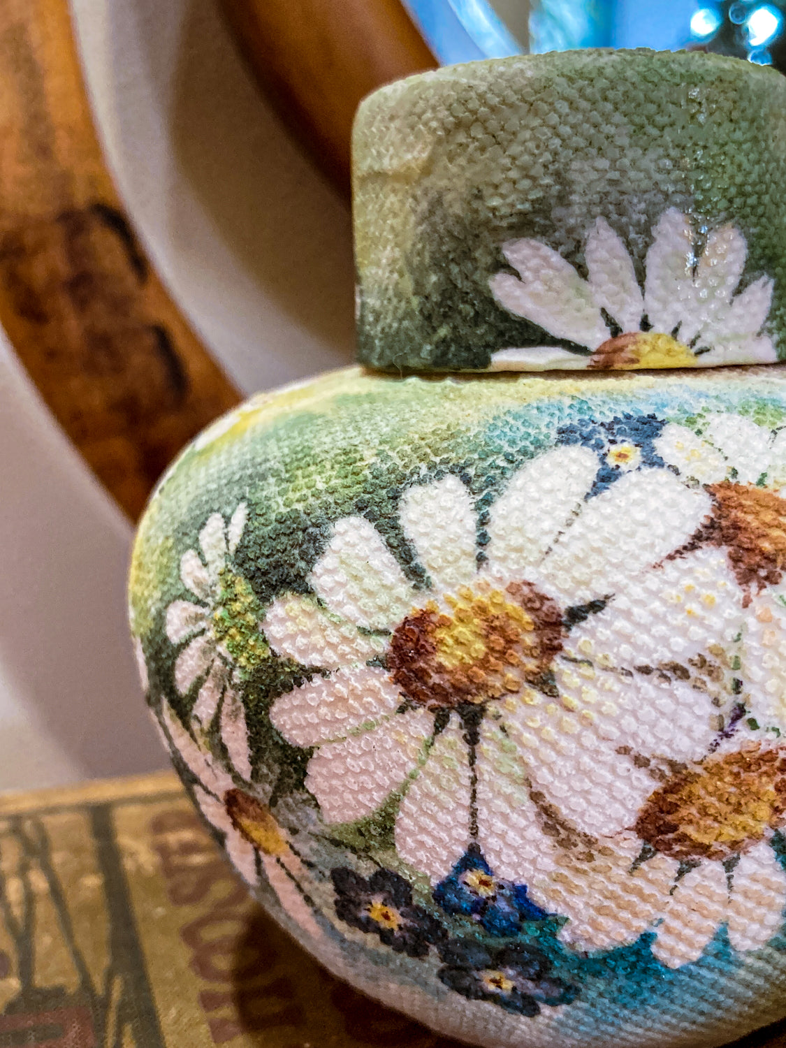 Vintage 1970 Daisy Painted Tapestry Porcelain Lidded Jar Art Pottery
