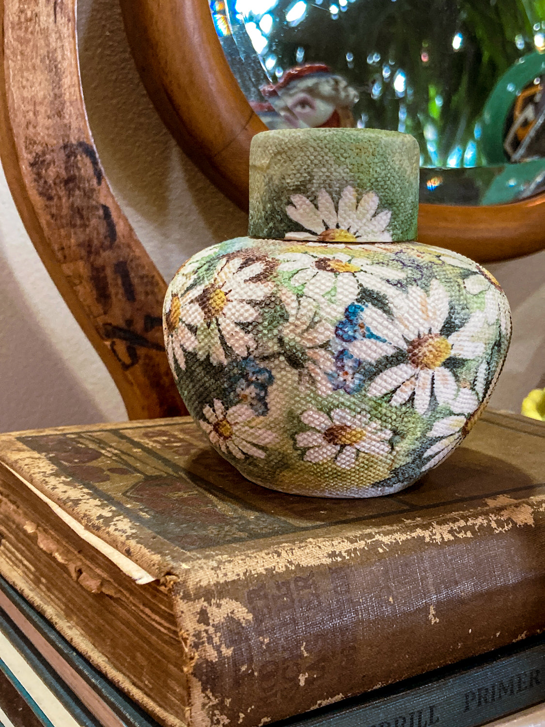 Vintage 1970 Daisy Painted Tapestry Porcelain Lidded Jar Art Pottery