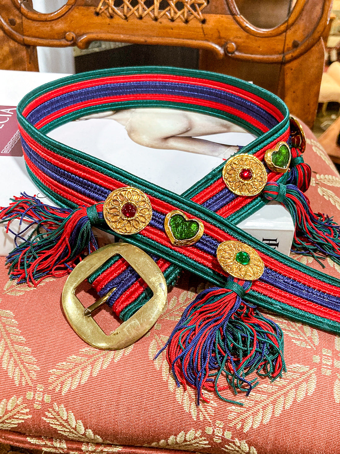 Vintage 1970s Yves Saint Laurent Heart Green Red Blue Tassel Rope Belt