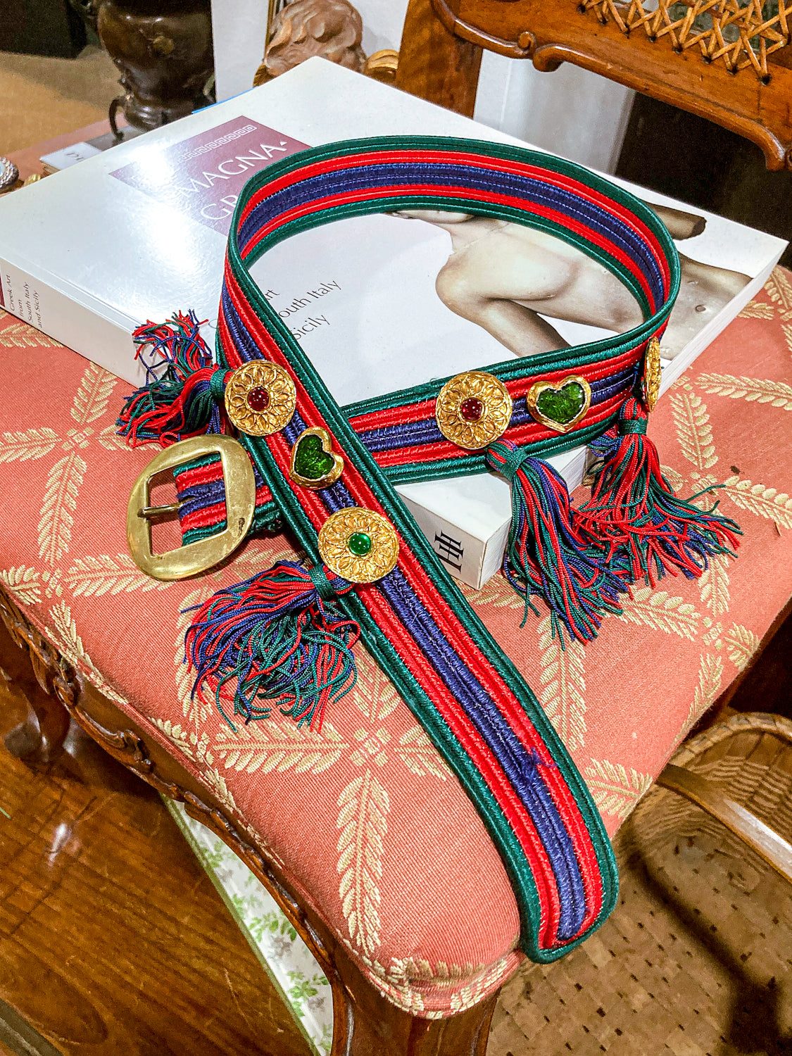 Vintage 1970s Yves Saint Laurent Heart Green Red Blue Tassel Rope Belt