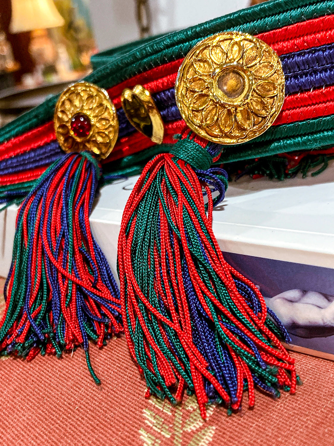 Vintage 1970s Yves Saint Laurent Heart Green Red Blue Tassel Rope Belt