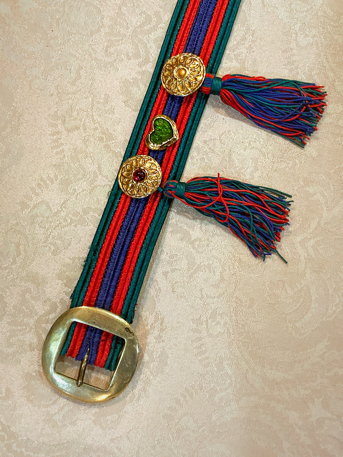 Vintage 1970s Yves Saint Laurent Heart Green Red Blue Tassel Rope Belt