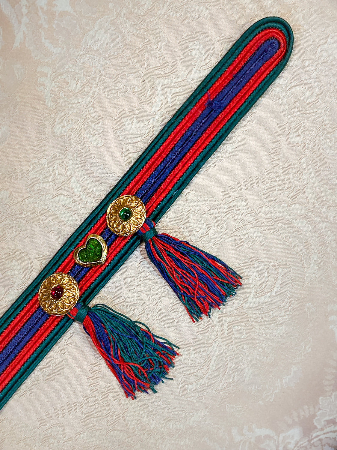 Vintage 1970s Yves Saint Laurent Heart Green Red Blue Tassel Rope Belt