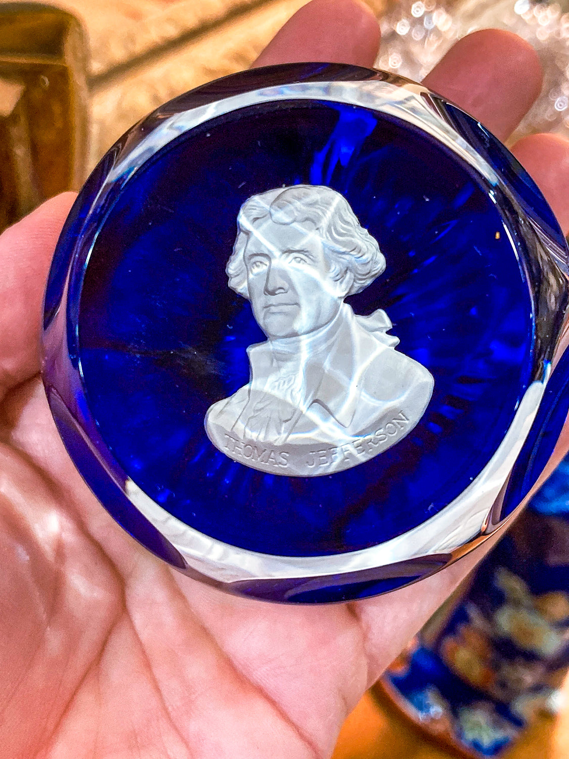 Vintage 1974 Thomas Jefferson Baccarat Franklin Mint Cobalt Glass Paperweight