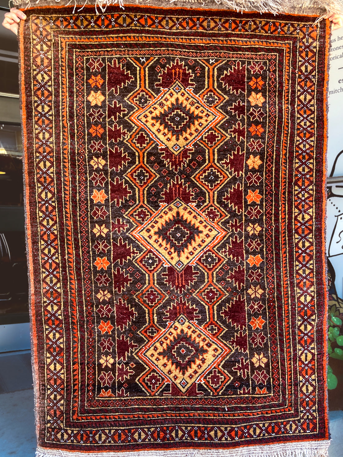 Vintage 1980s Orange Red Fringe 5x3ft Hand Woven Persian Wool Area Rug
