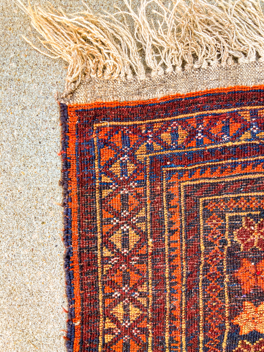 Vintage 1980s Orange Red Fringe 5x3ft Hand Woven Persian Wool Area Rug Back Side
