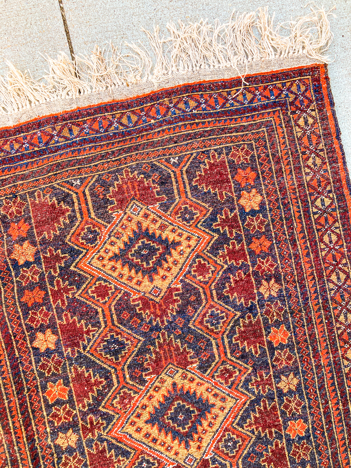 Vintage 1980s Orange Red Fringe 5x3ft Hand Woven Persian Wool Area Rug Back Side