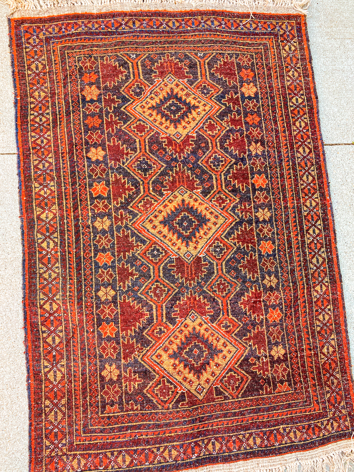 Vintage 1980s Orange Red Fringe 5x3ft Hand Woven Persian Wool Area Rug Back Side