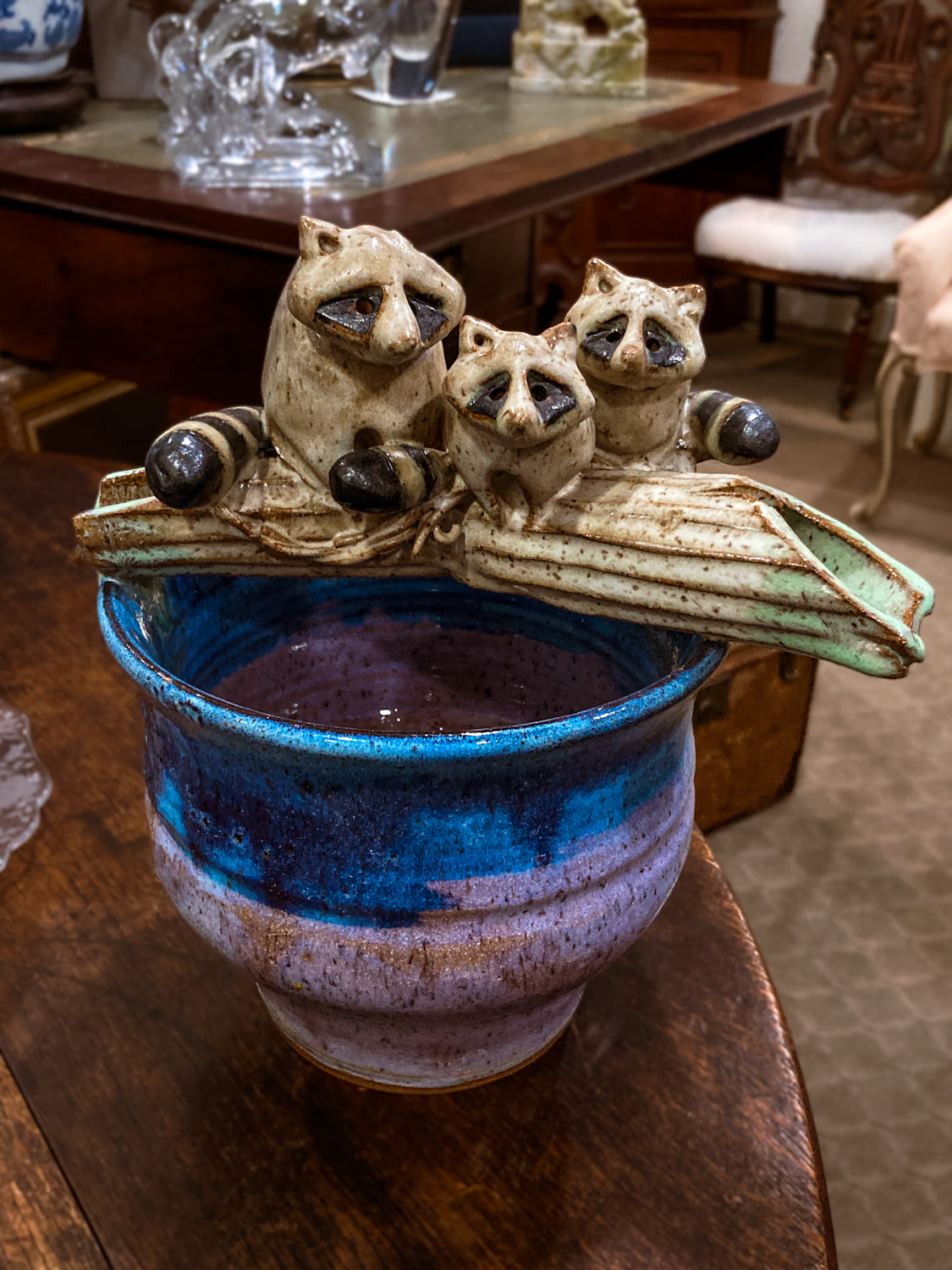1986 Steve Vasiliou Purple Blue Raccoon Family Ceramic Planter Pot Vessel