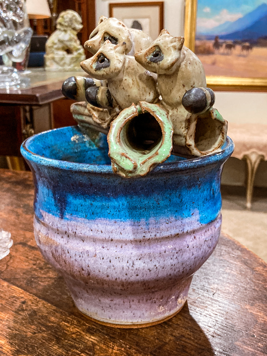 1986 Steve Vasiliou Purple Blue Raccoon Family Ceramic Planter Pot Vessel